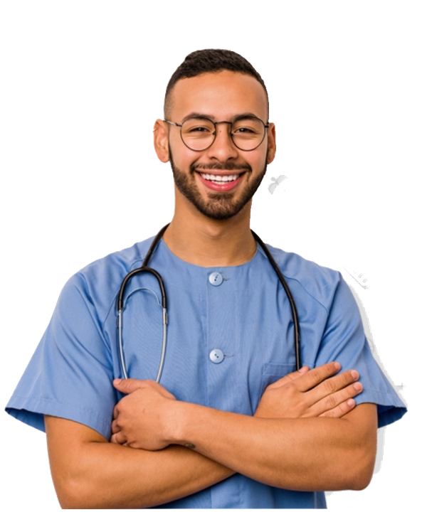 Smiling male nurse in scrubs